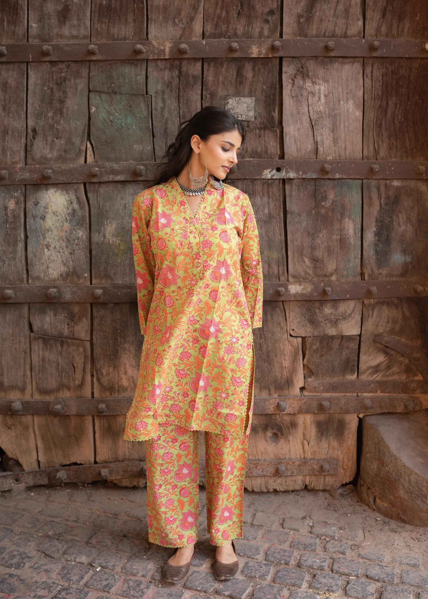 Kesariya Bloom Hand-Block Kurta Set