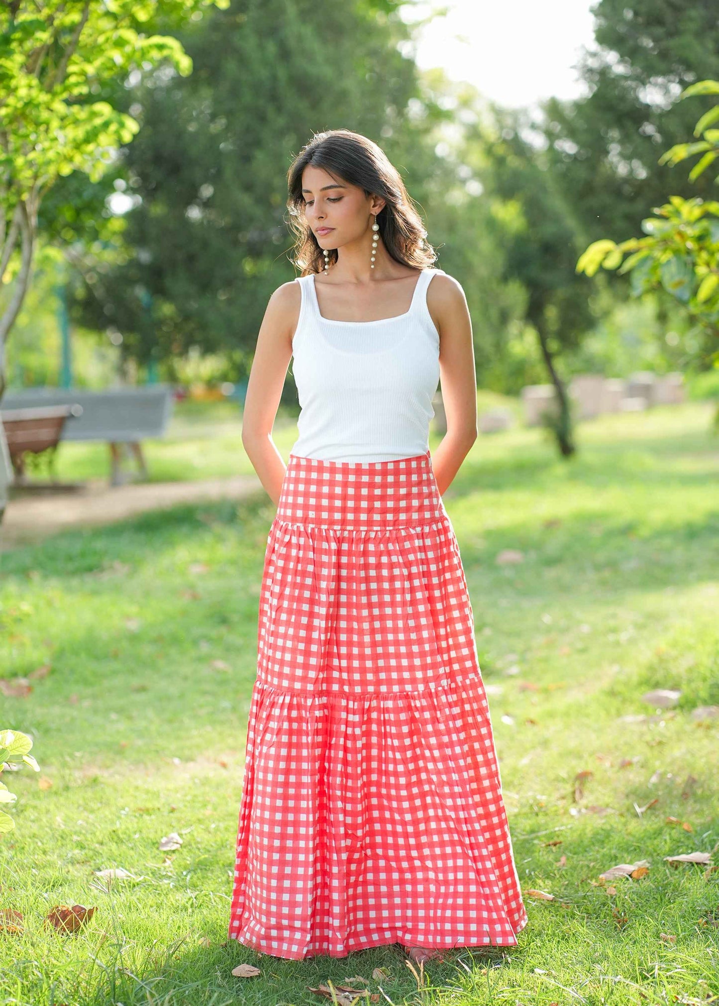 Berry Checks Hand-Block Skirt
