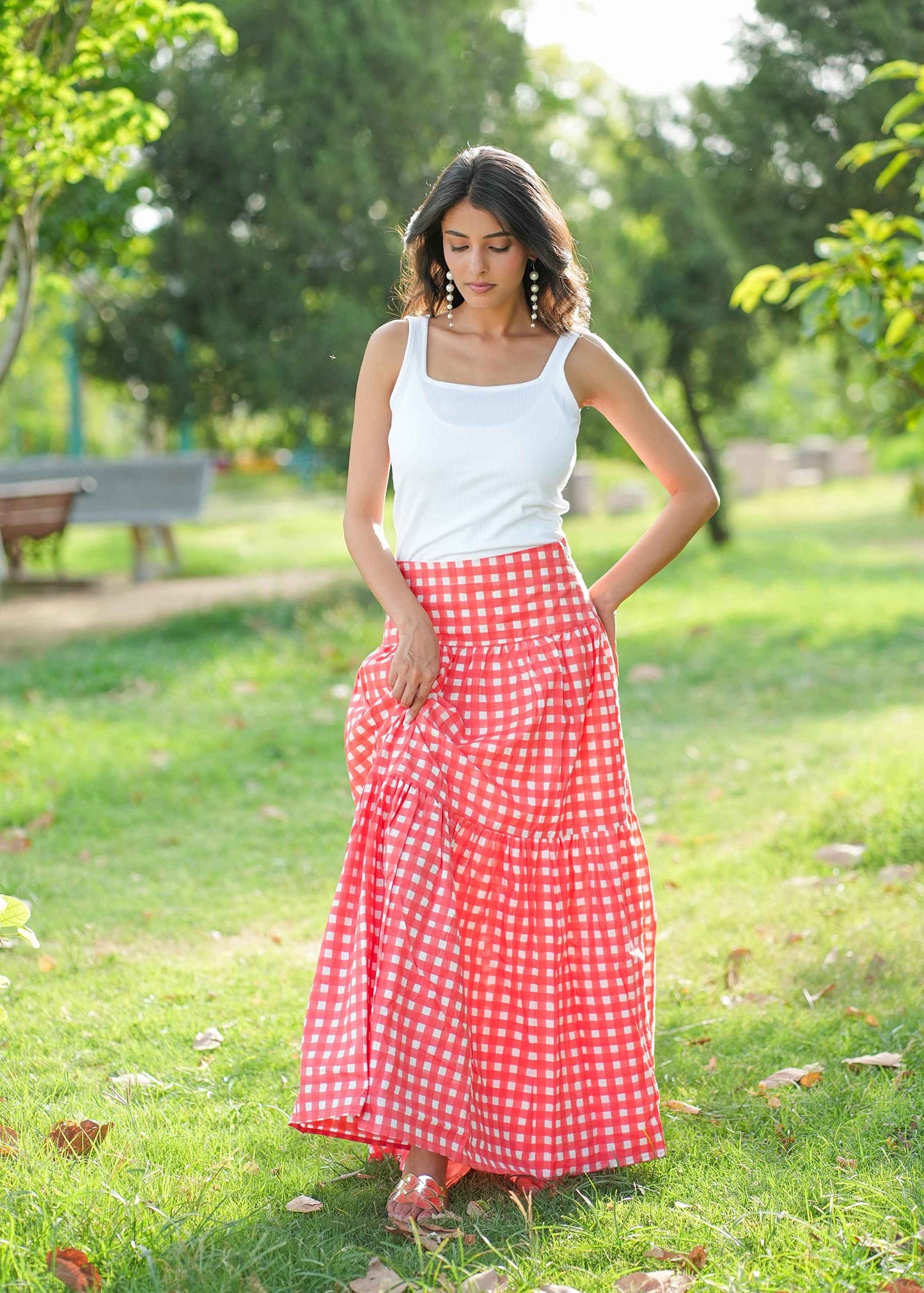 Berry Checks Hand-Block Skirt