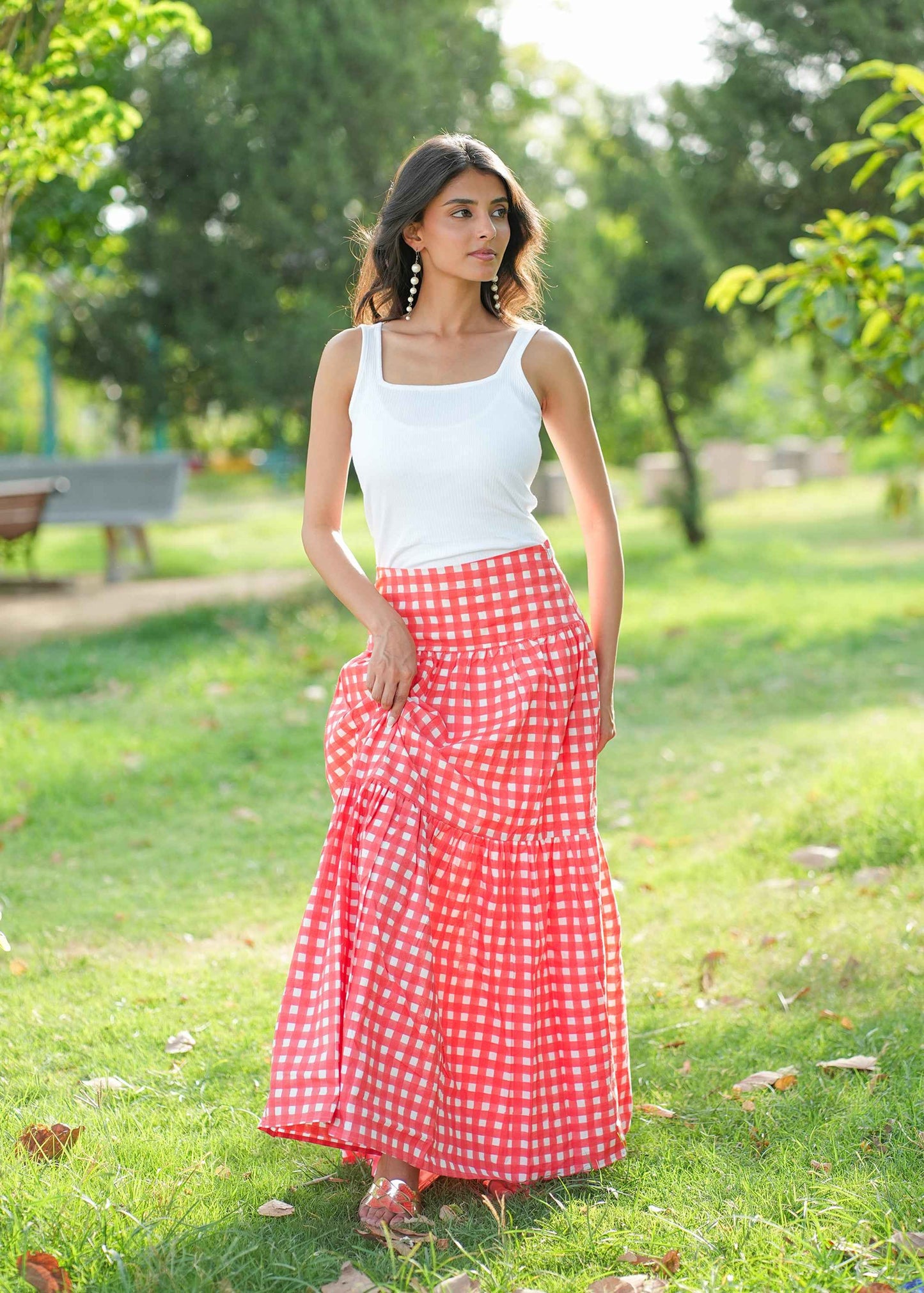 Berry Checks Hand-Block Skirt