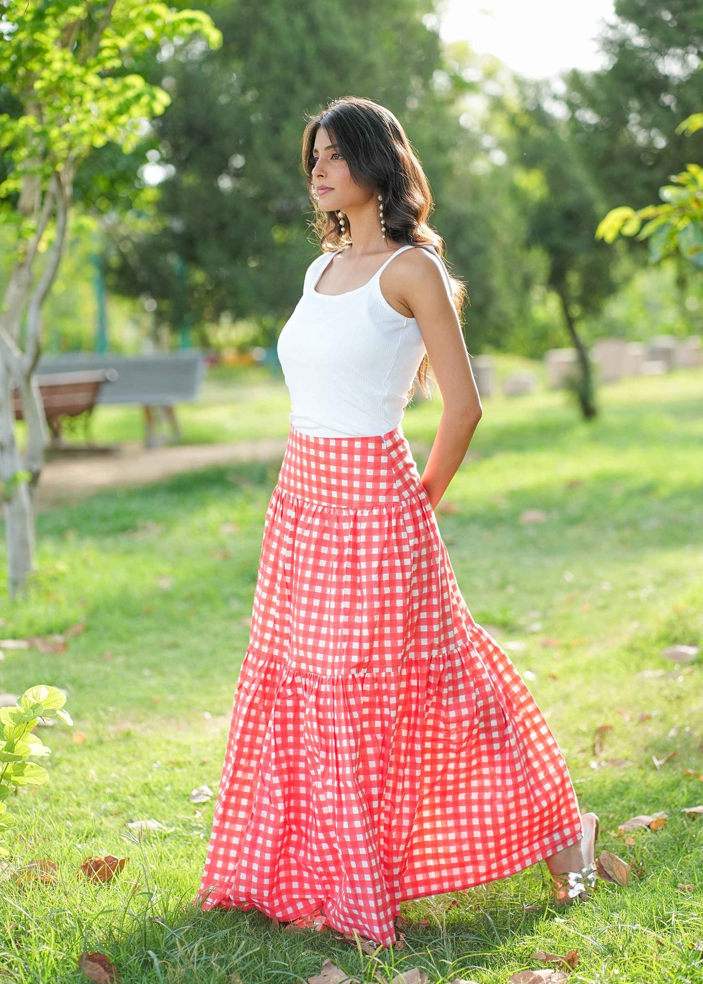 Berry Checks Hand-Block Skirt