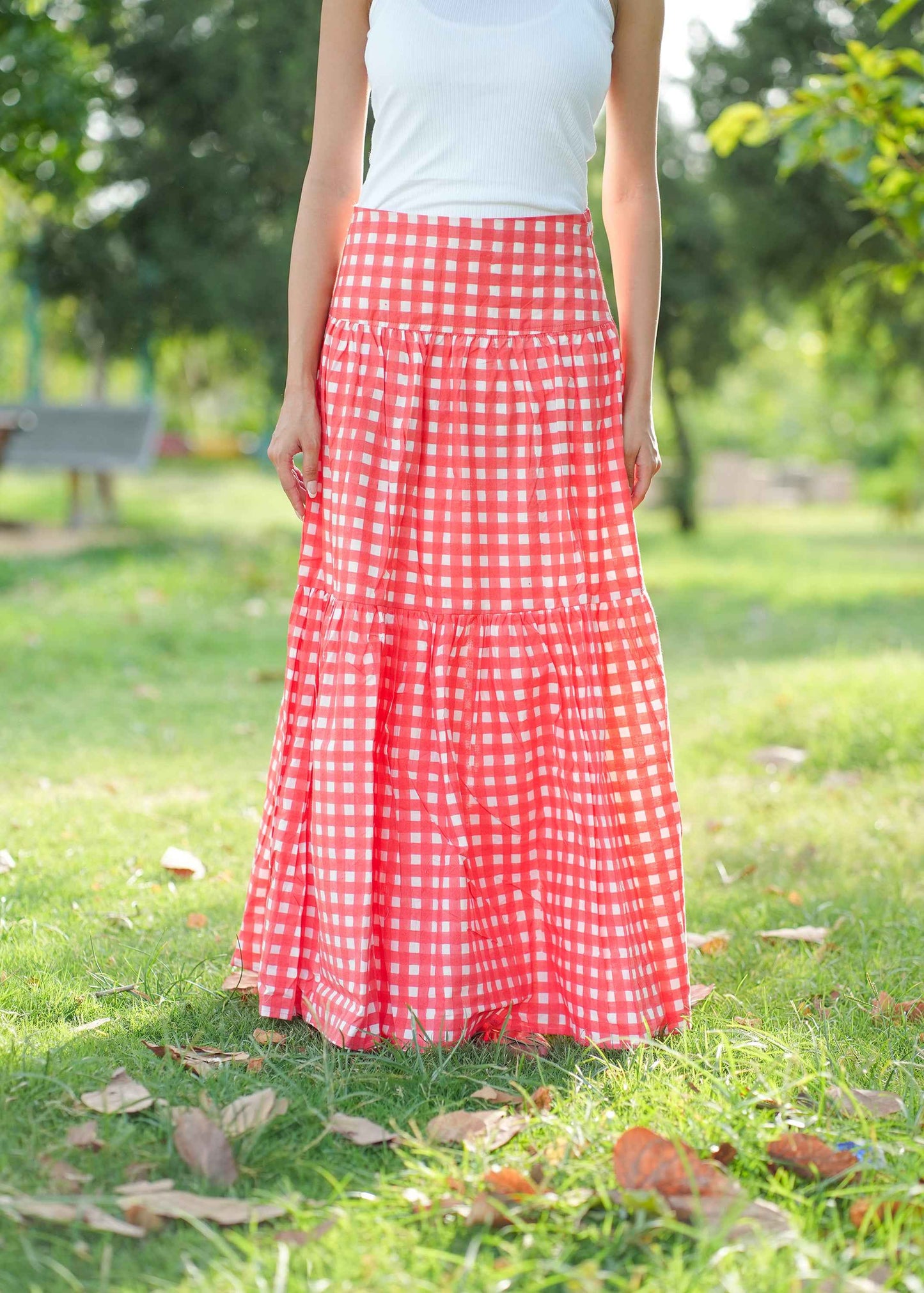 Berry Checks Hand-Block Skirt