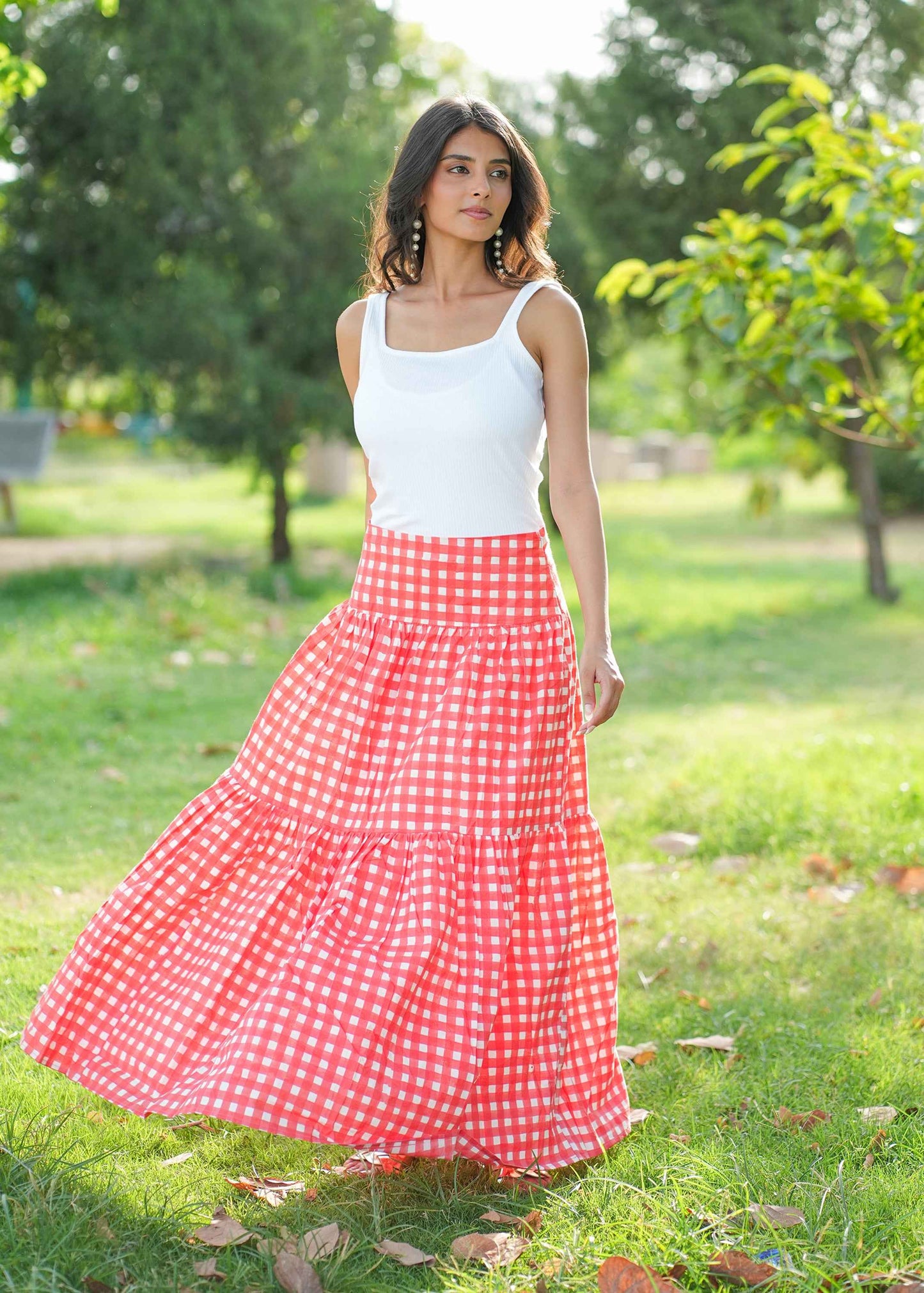 Berry Checks Hand-Block Skirt