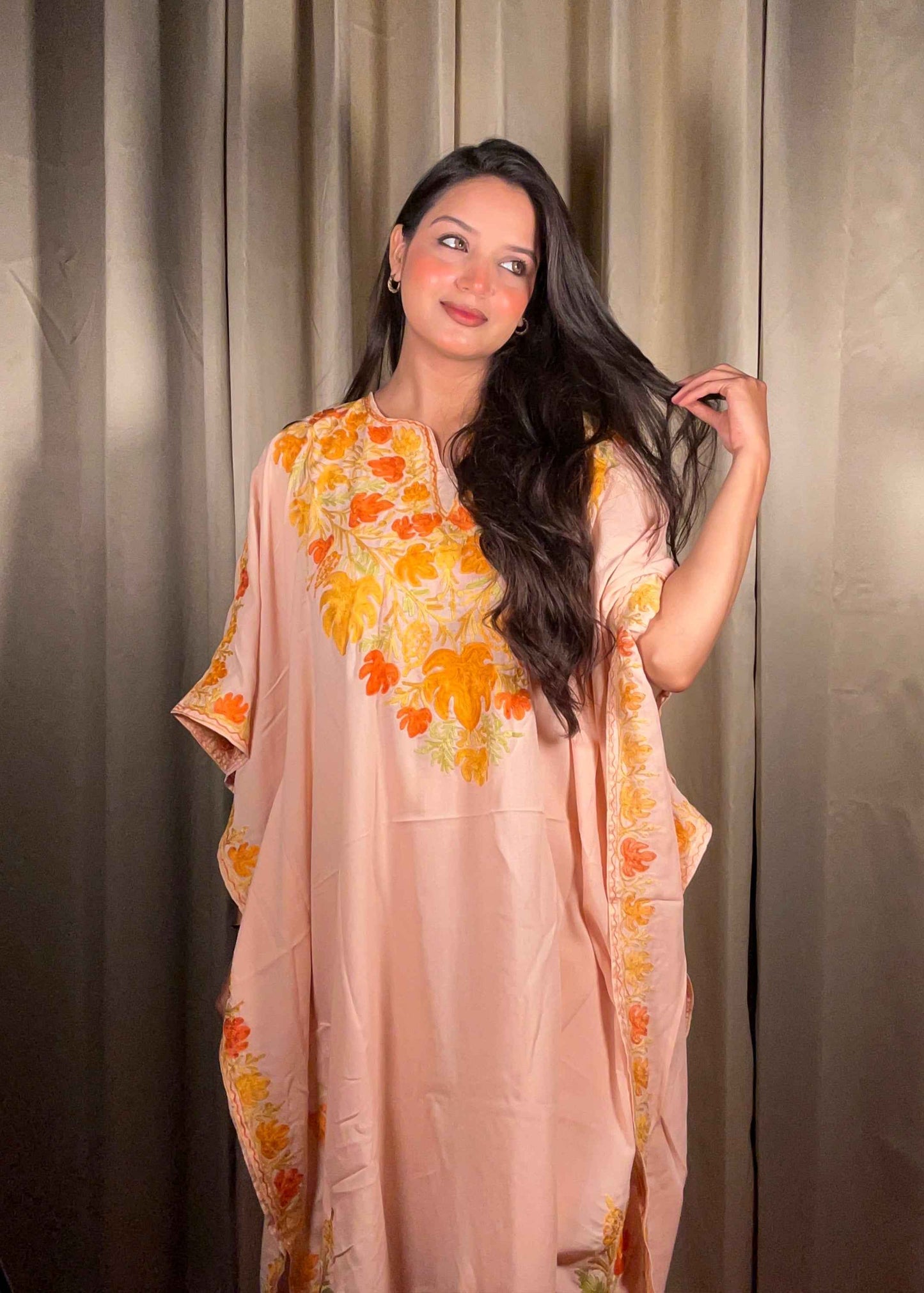 Kashmiri Chinar Kaftan Set - Peach