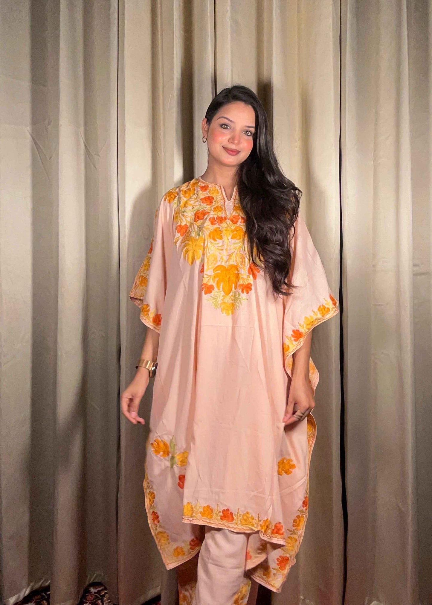 Kashmiri Chinar Kaftan Set - Peach