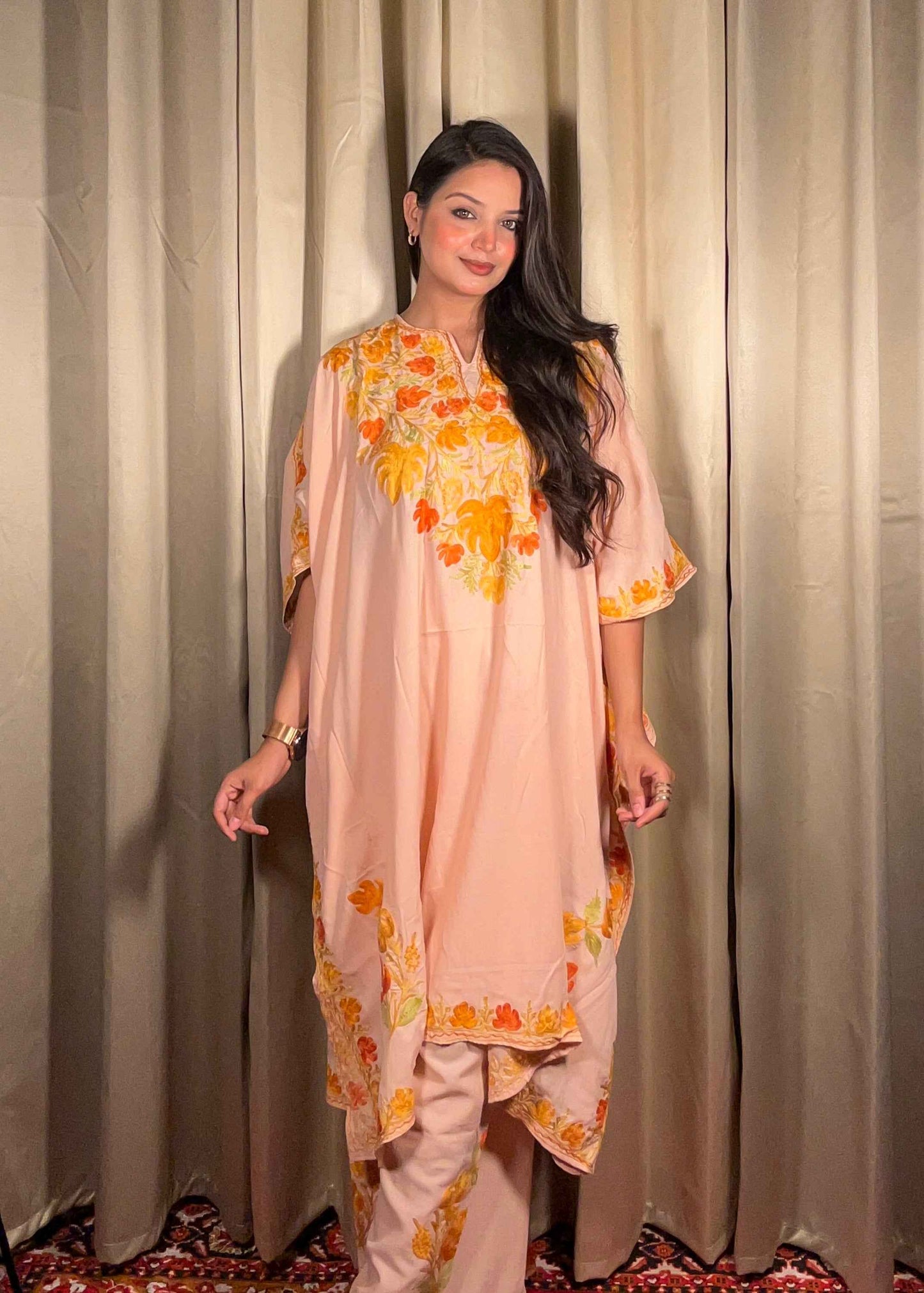 Kashmiri Chinar Kaftan Set - Peach