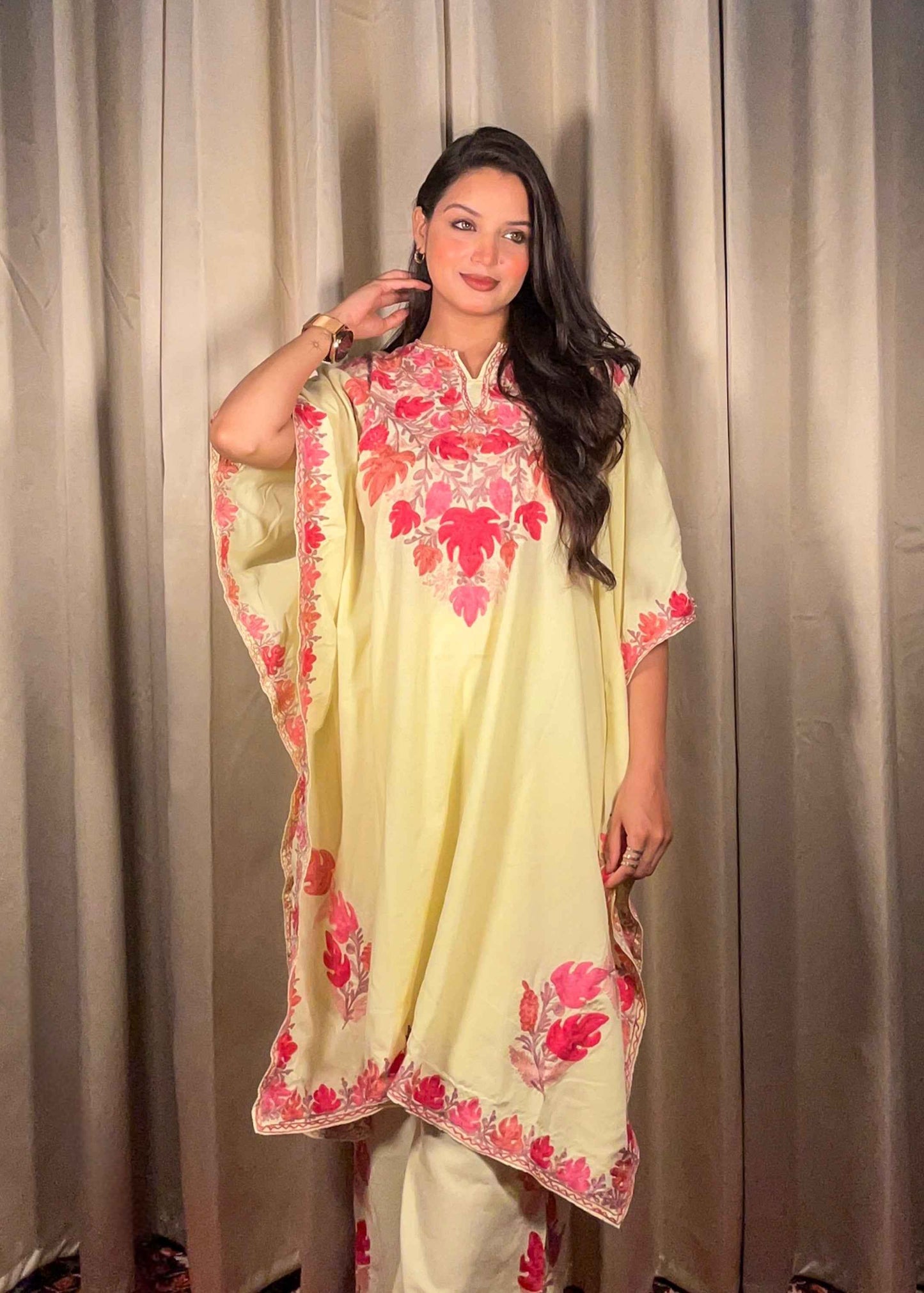 Kashmiri Chinar Kaftan Set - Butter Yellow