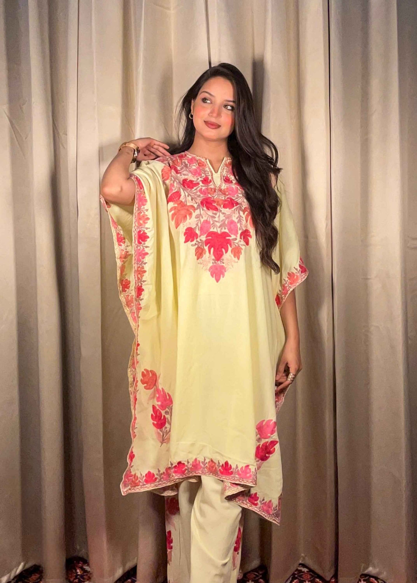 Kashmiri Chinar Kaftan Set - Butter Yellow