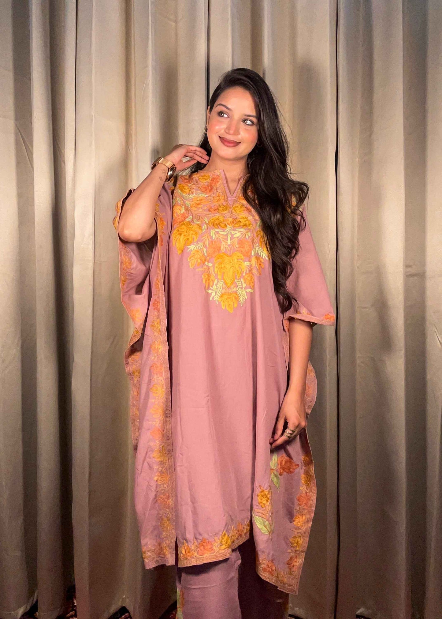 Kashmiri Chinar Kaftan Set - Mauve