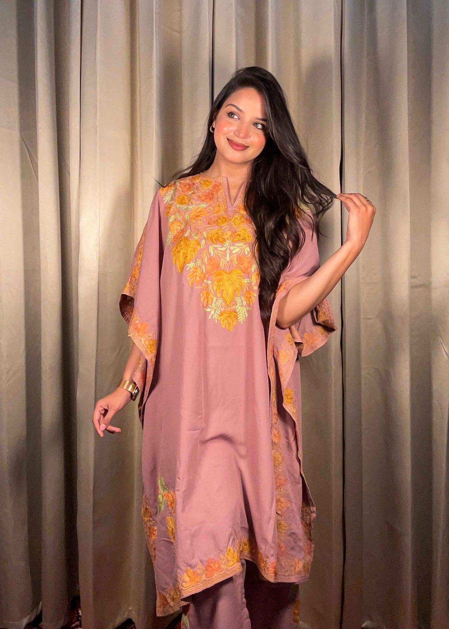 Kashmiri Chinar Kaftan Set - Mauve