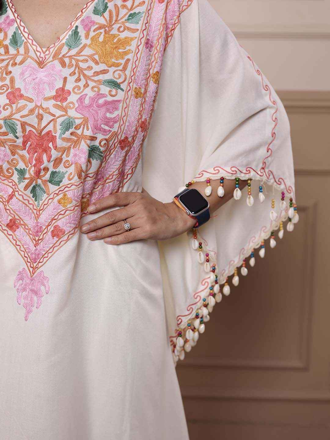 Kashmiri Chinar Kaftan Set - White