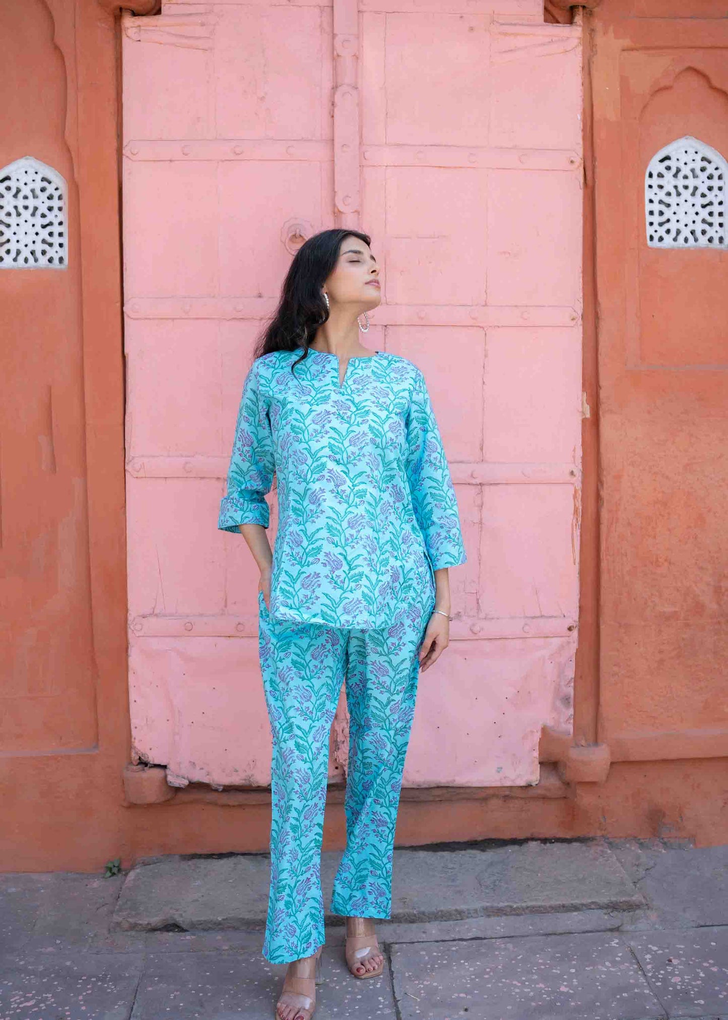 Aqua Bloom Hand-Block Co-ord Set