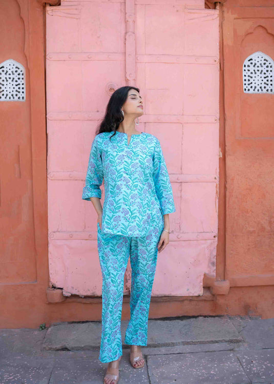 Aqua Bloom Hand-Block Co-ord Set