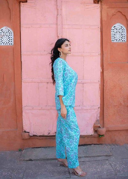 Aqua Bloom Hand-Block Co-ord Set