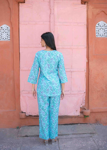 Aqua Bloom Hand-Block Co-ord Set