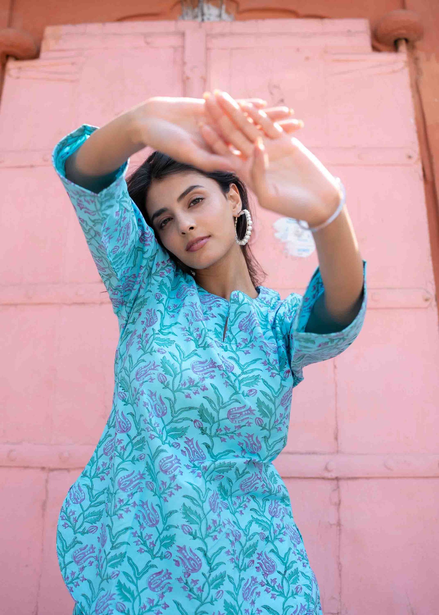 Aqua Bloom Hand-Block Co-ord Set