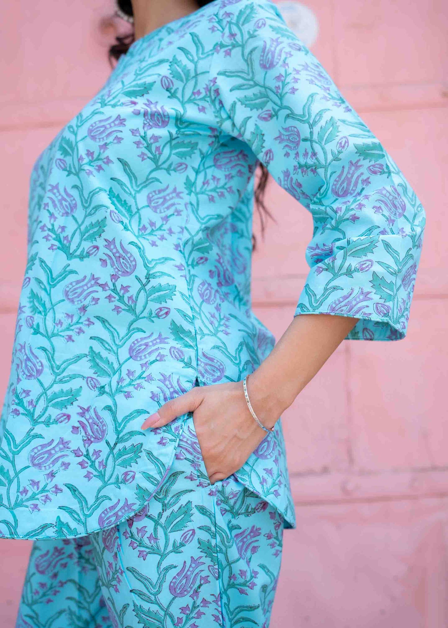 Aqua Bloom Hand-Block Co-ord Set