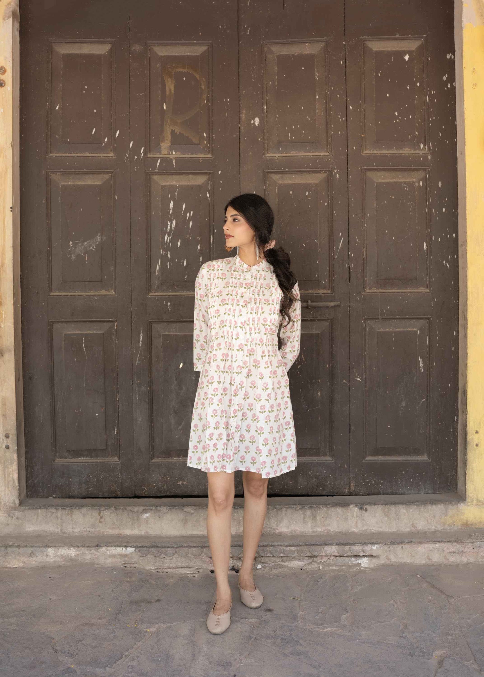 Rosette Charm Hand-Block Dress