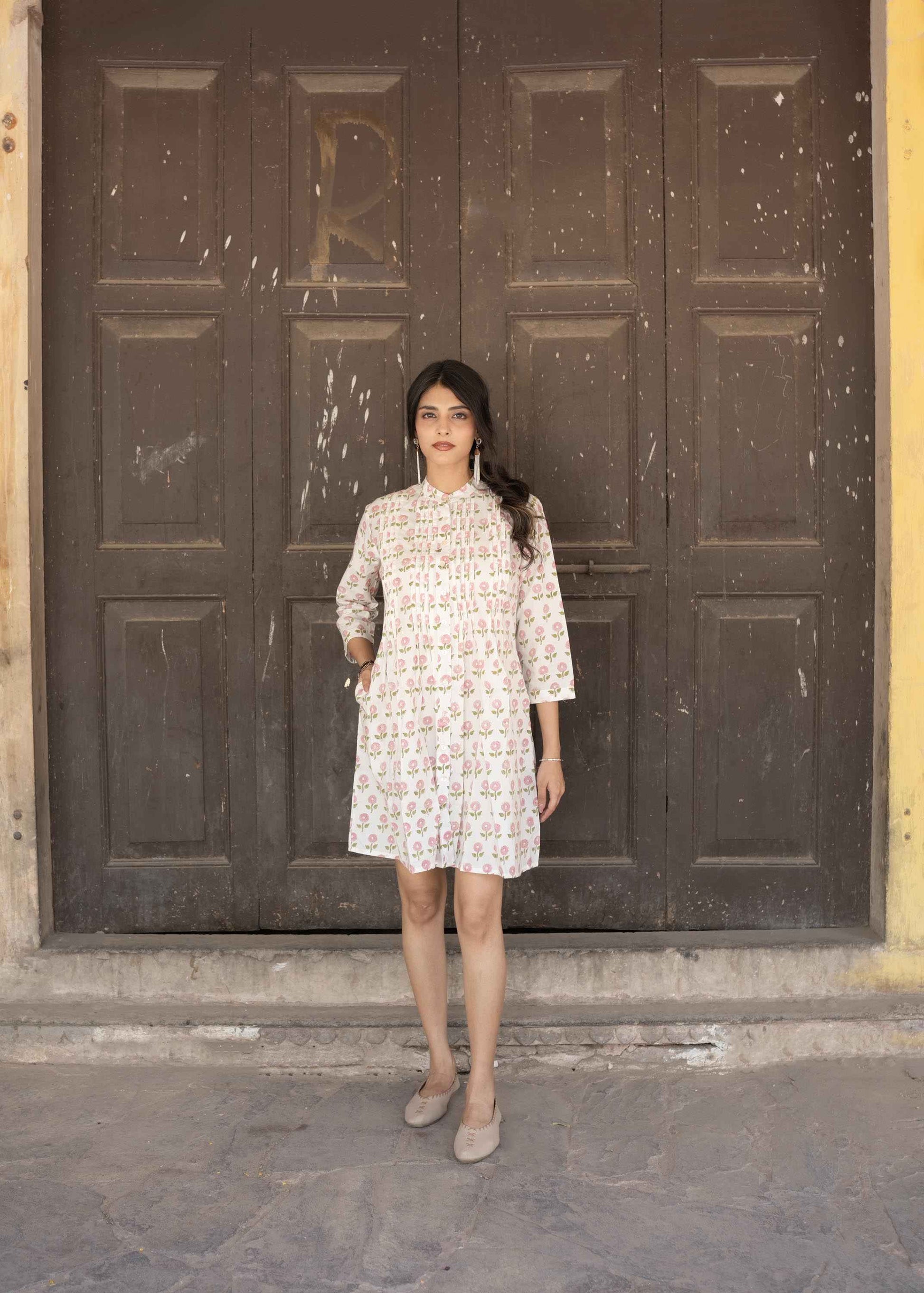 Rosette Charm Hand-Block Dress