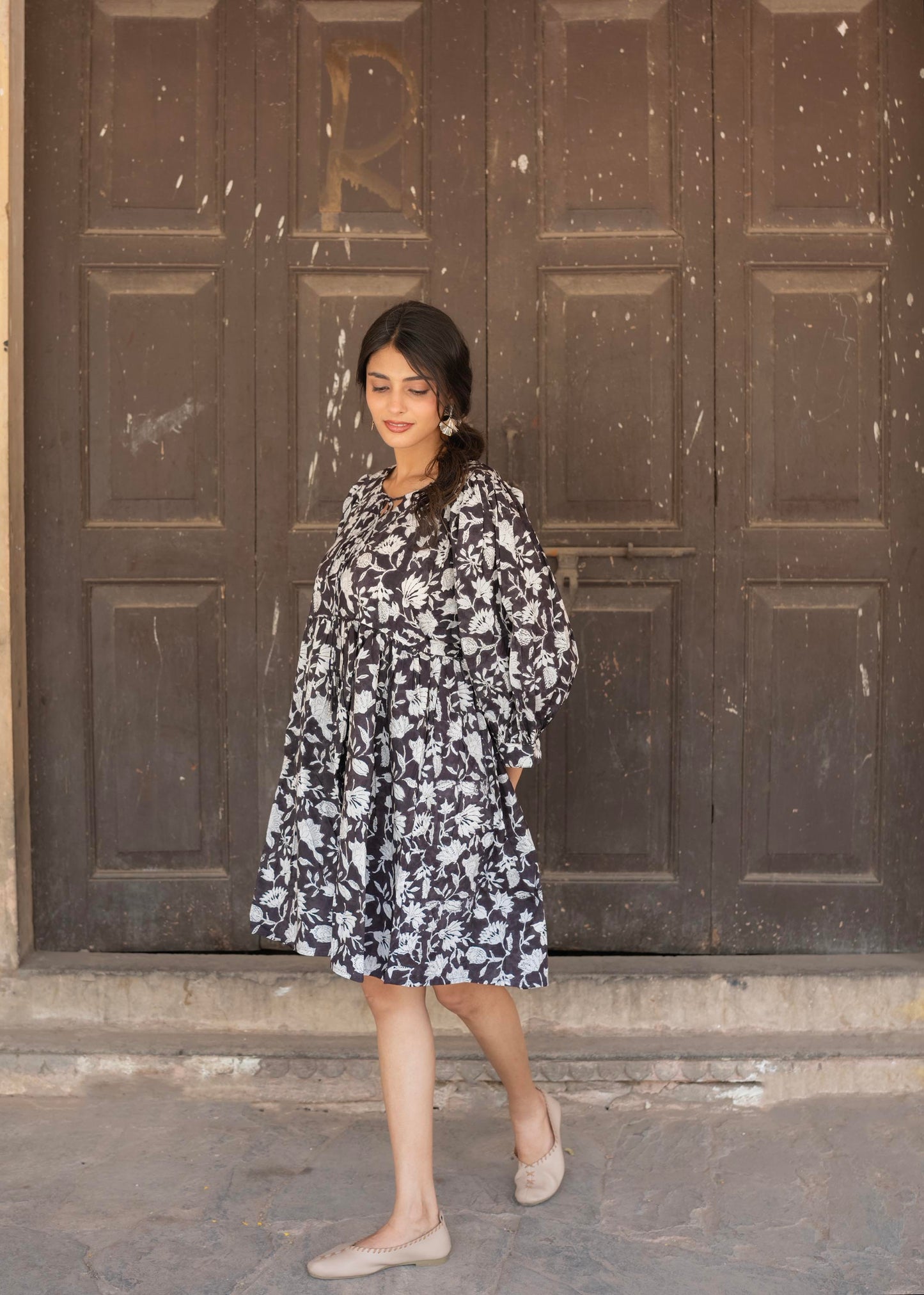 Charcoal Petals Hand-Block Dress