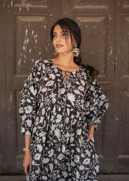 Charcoal Petals Hand-Block Dress