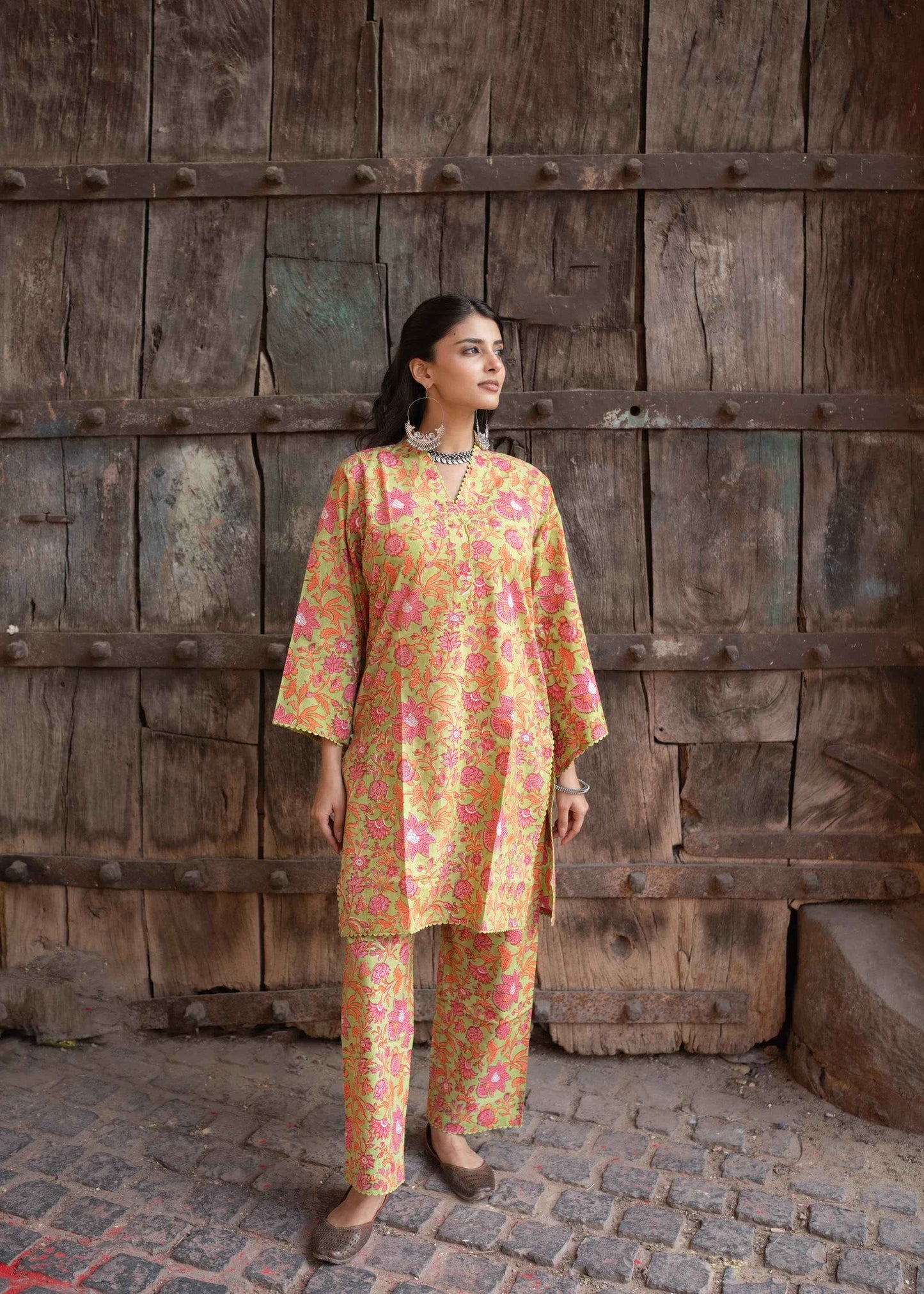 Kesariya Bloom Hand-Block Kurta Set