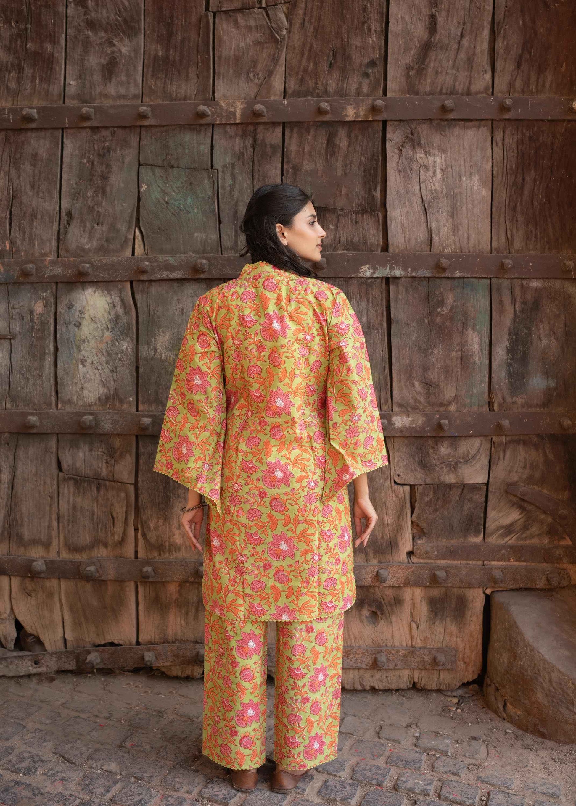 Kesariya Bloom Hand-Block Kurta Set