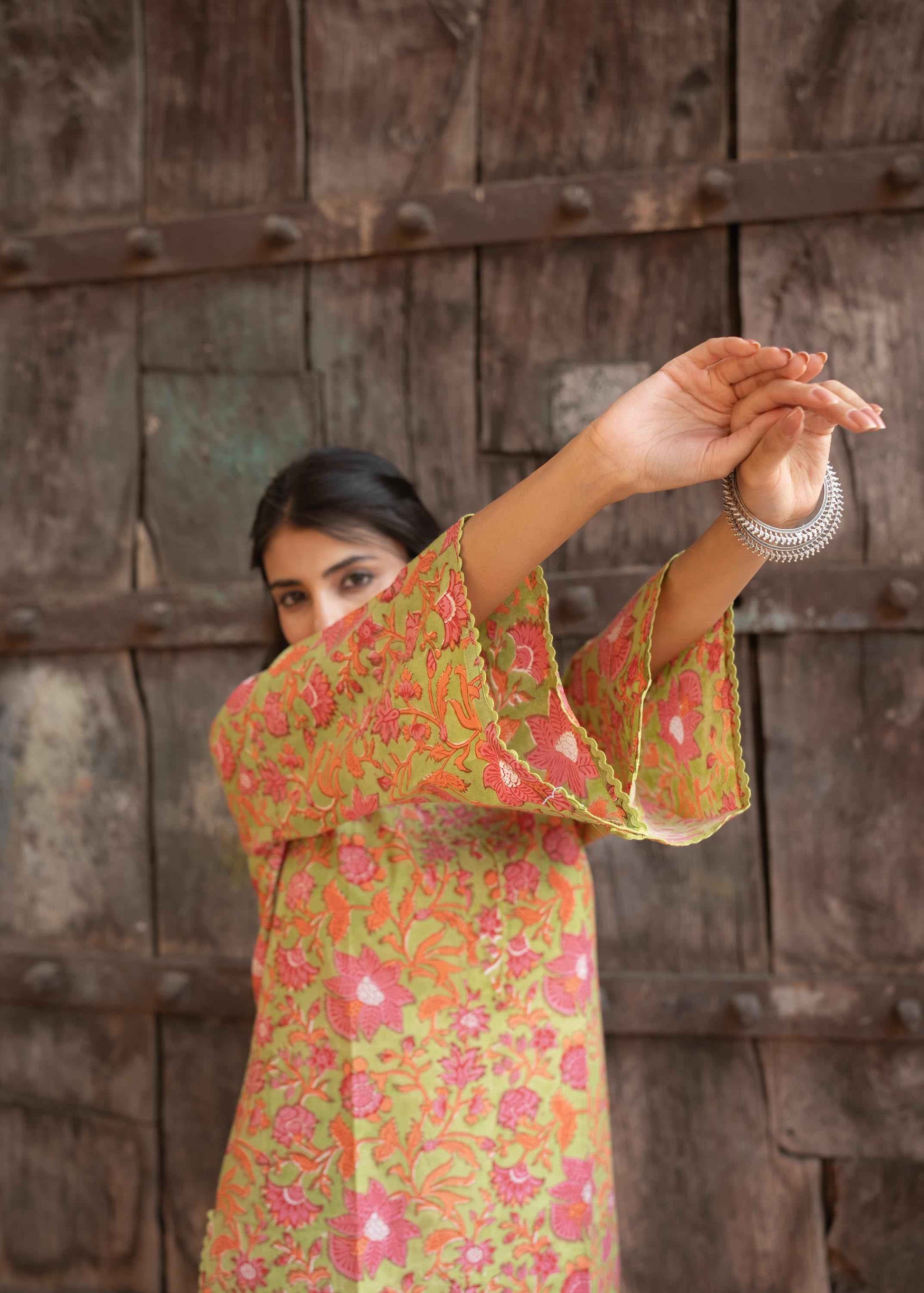 Kesariya Bloom Hand-Block Kurta Set