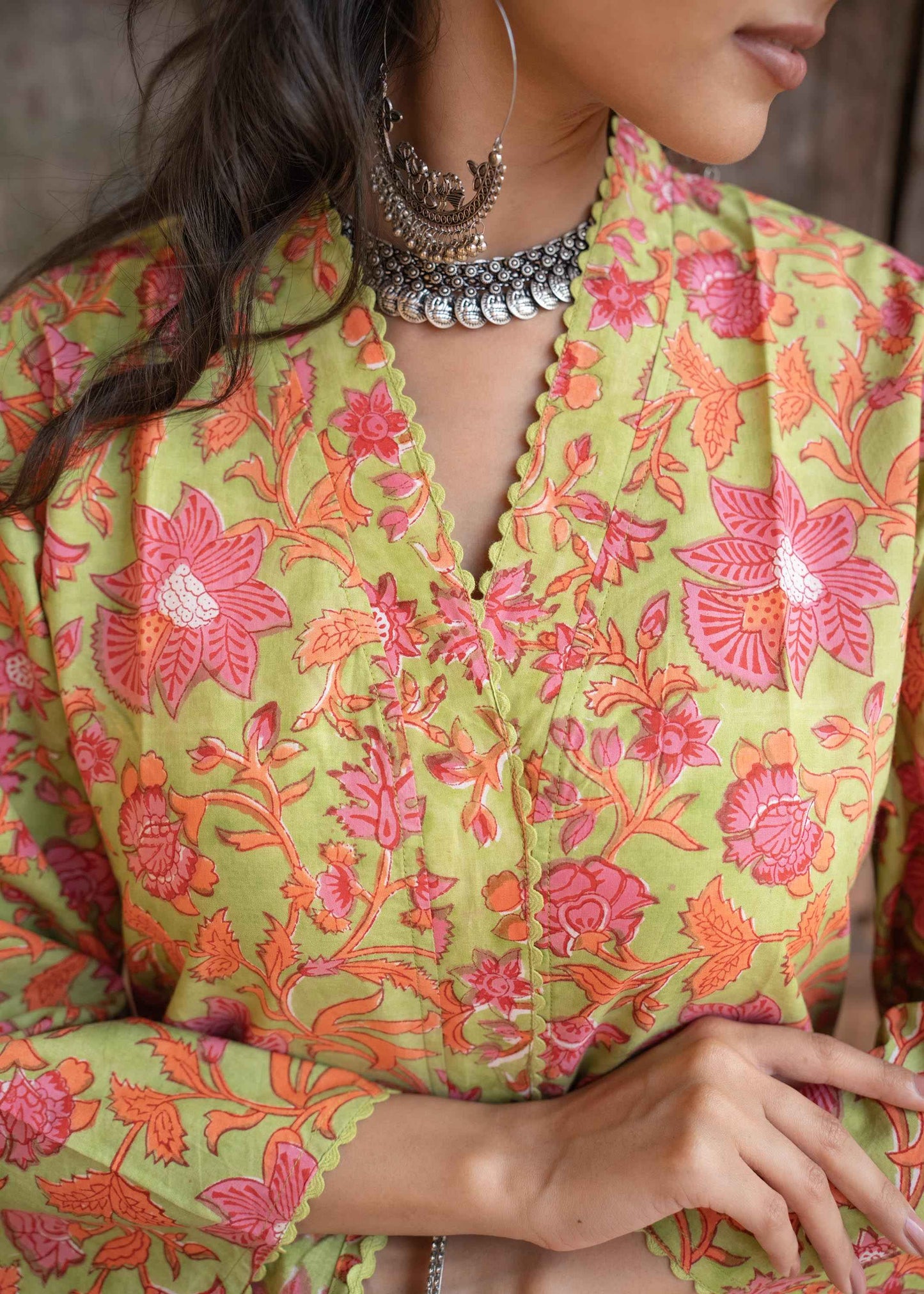 Kesariya Bloom Hand-Block Kurta Set