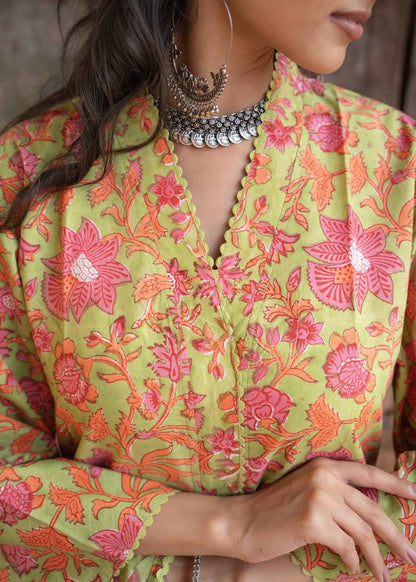 Kesariya Bloom Hand-Block Kurta Set