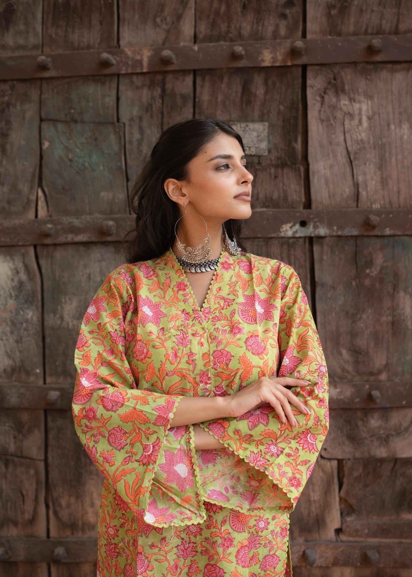 Kesariya Bloom Hand-Block Kurta Set