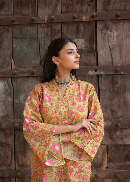 Kesariya Bloom Hand-Block Kurta Set