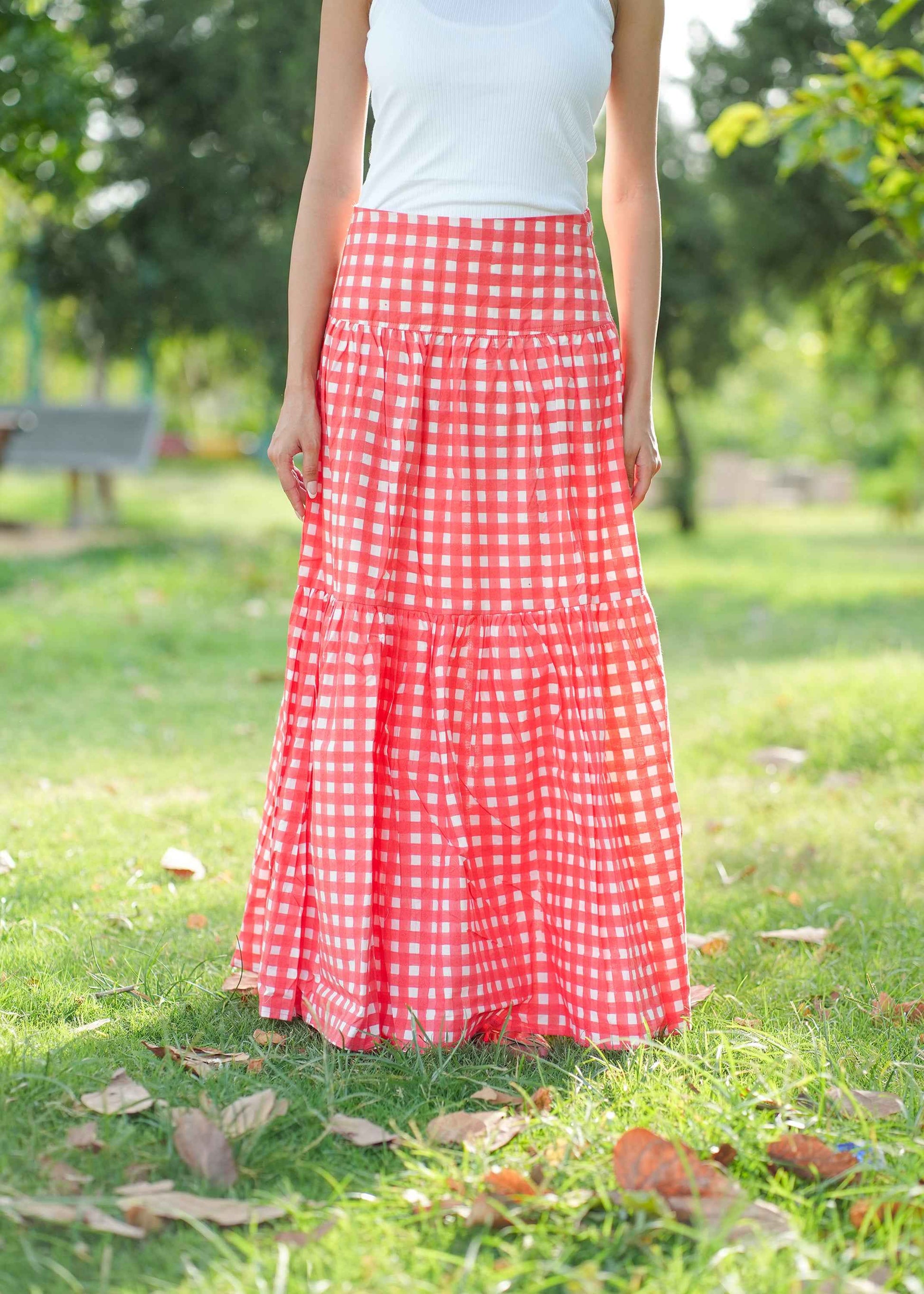 Berry Checks Hand-Block Skirt