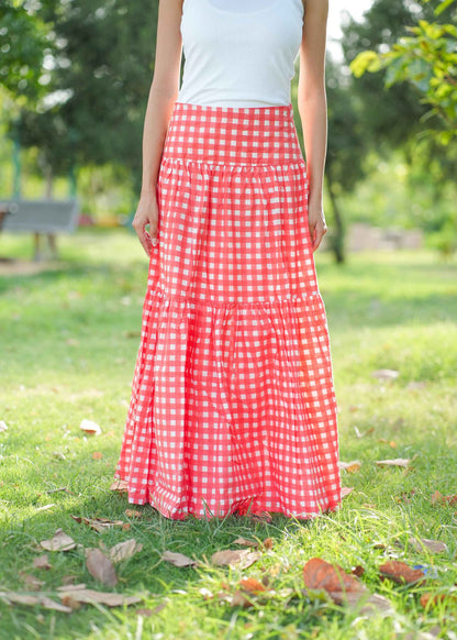 Berry Checks Hand-Block Skirt