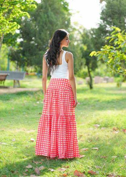 Berry Checks Hand-Block Skirt