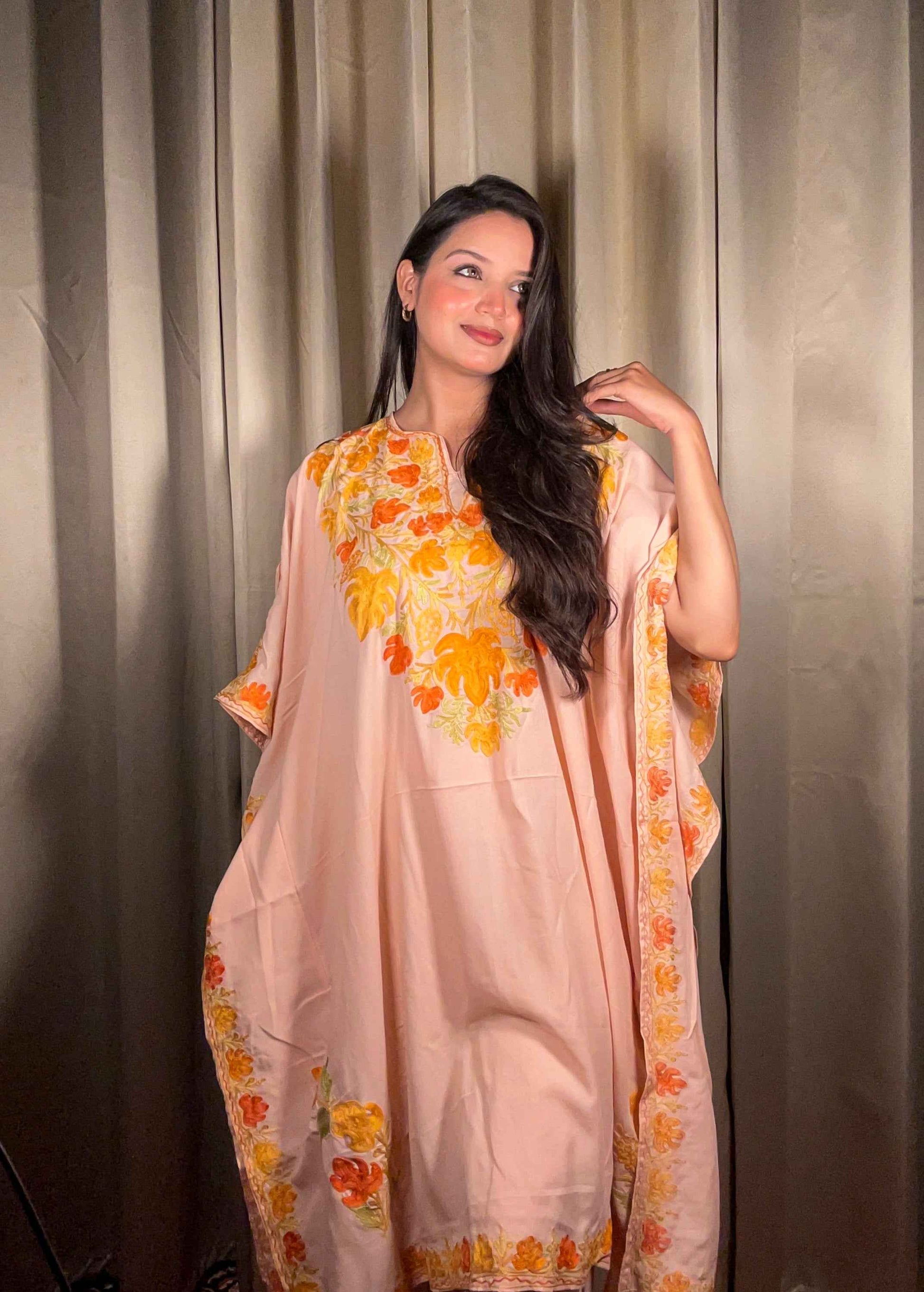 Kashmiri Chinar Kaftan Set - Peach