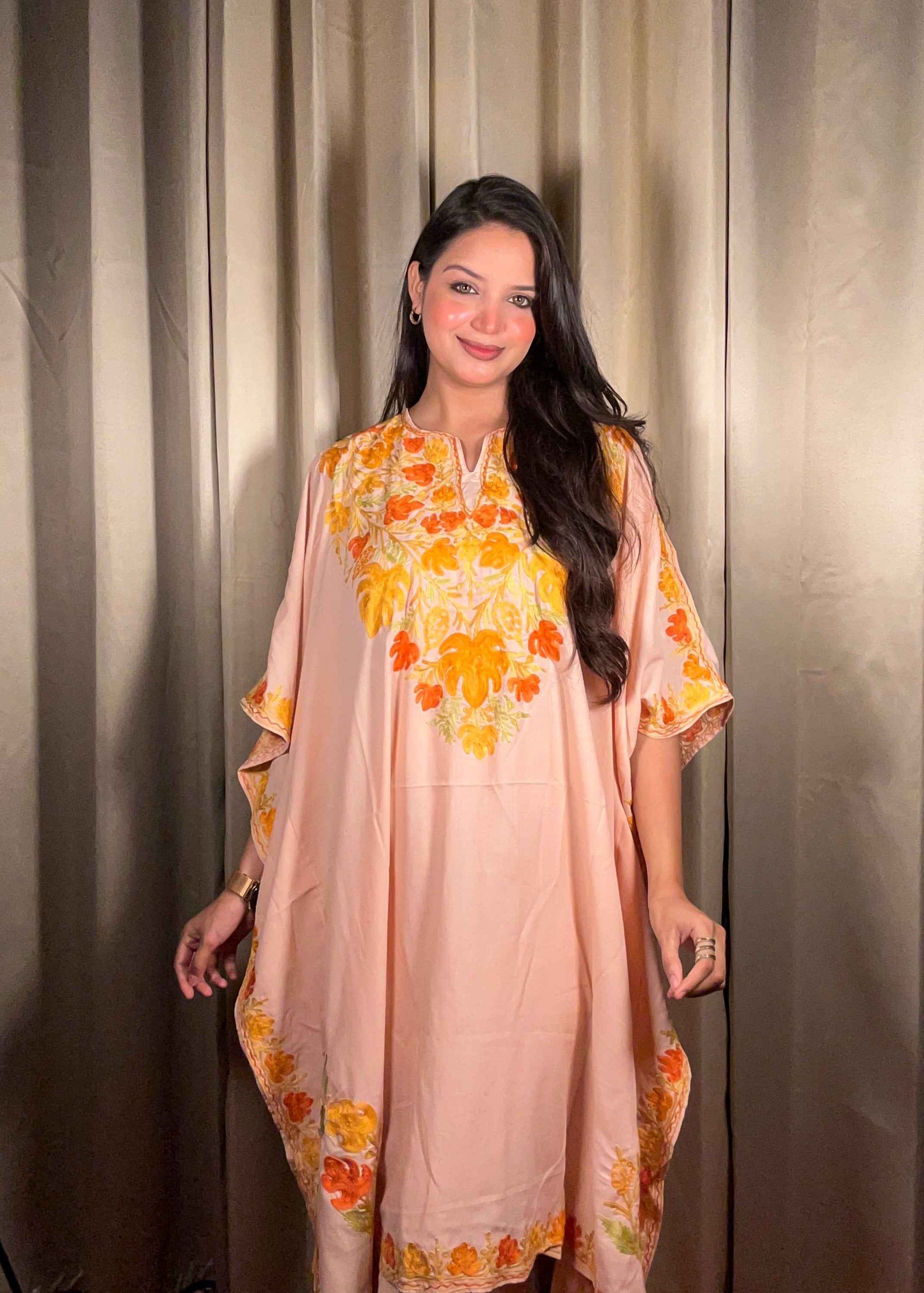 Kashmiri Chinar Kaftan Set - Peach