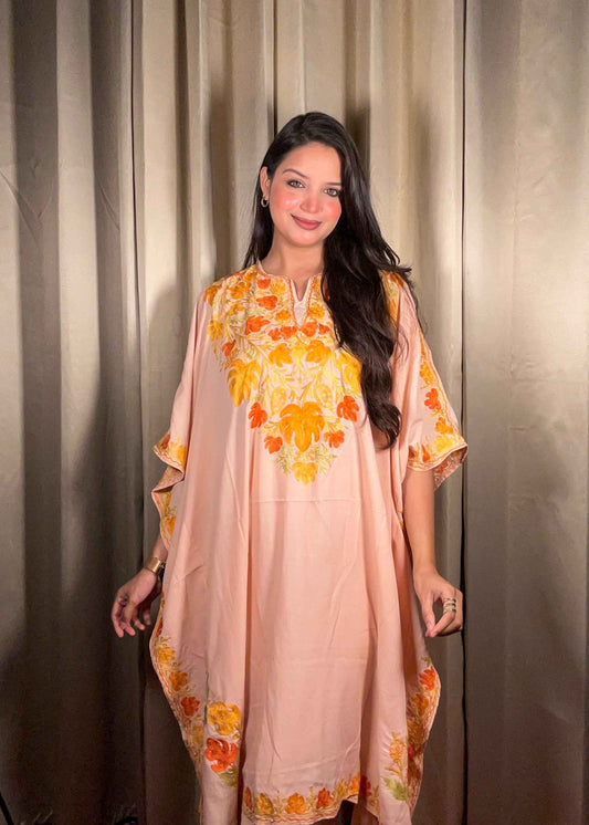 Kashmiri Chinar Kaftan Set - Peach