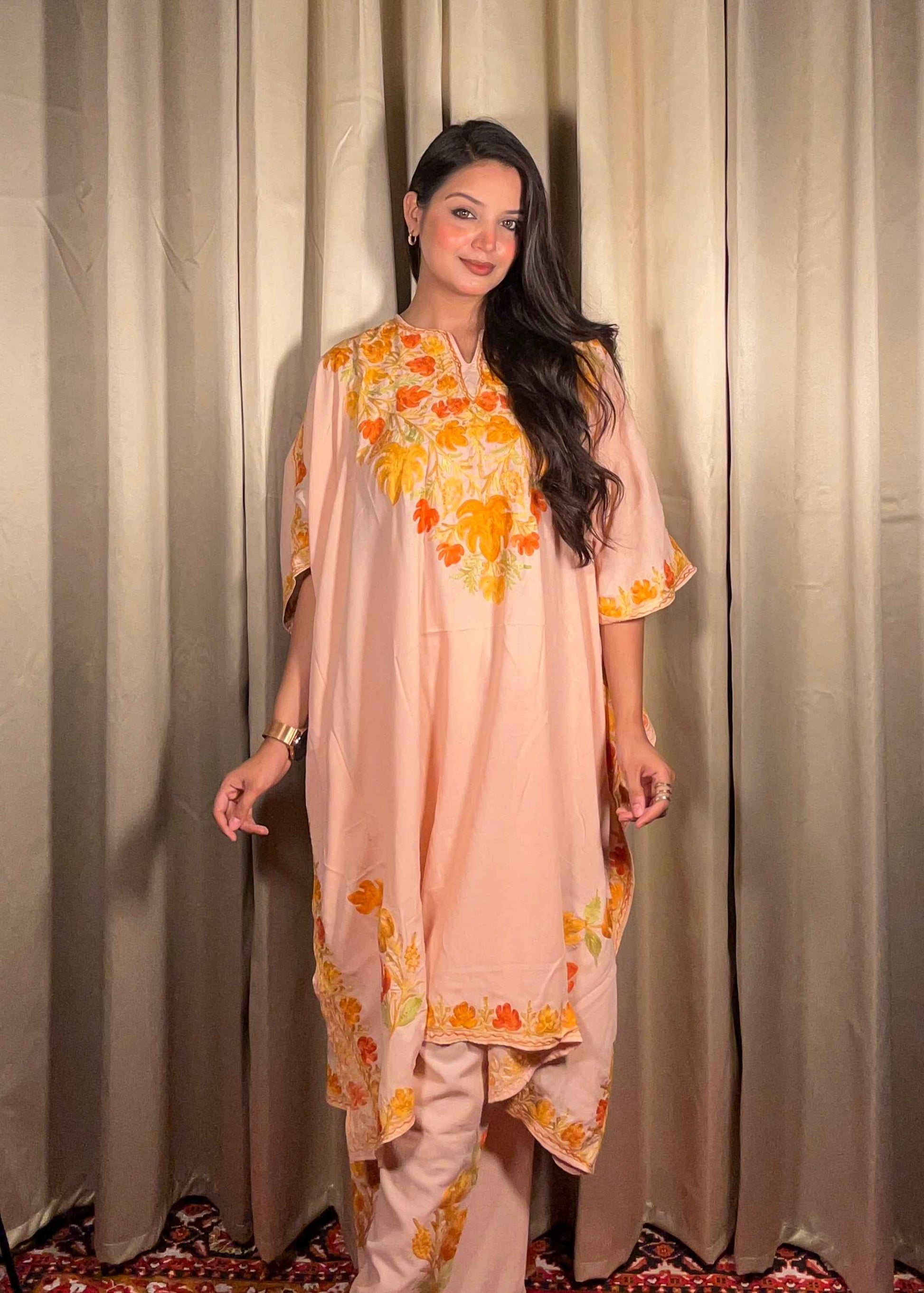 Kashmiri Chinar Kaftan Set - Peach