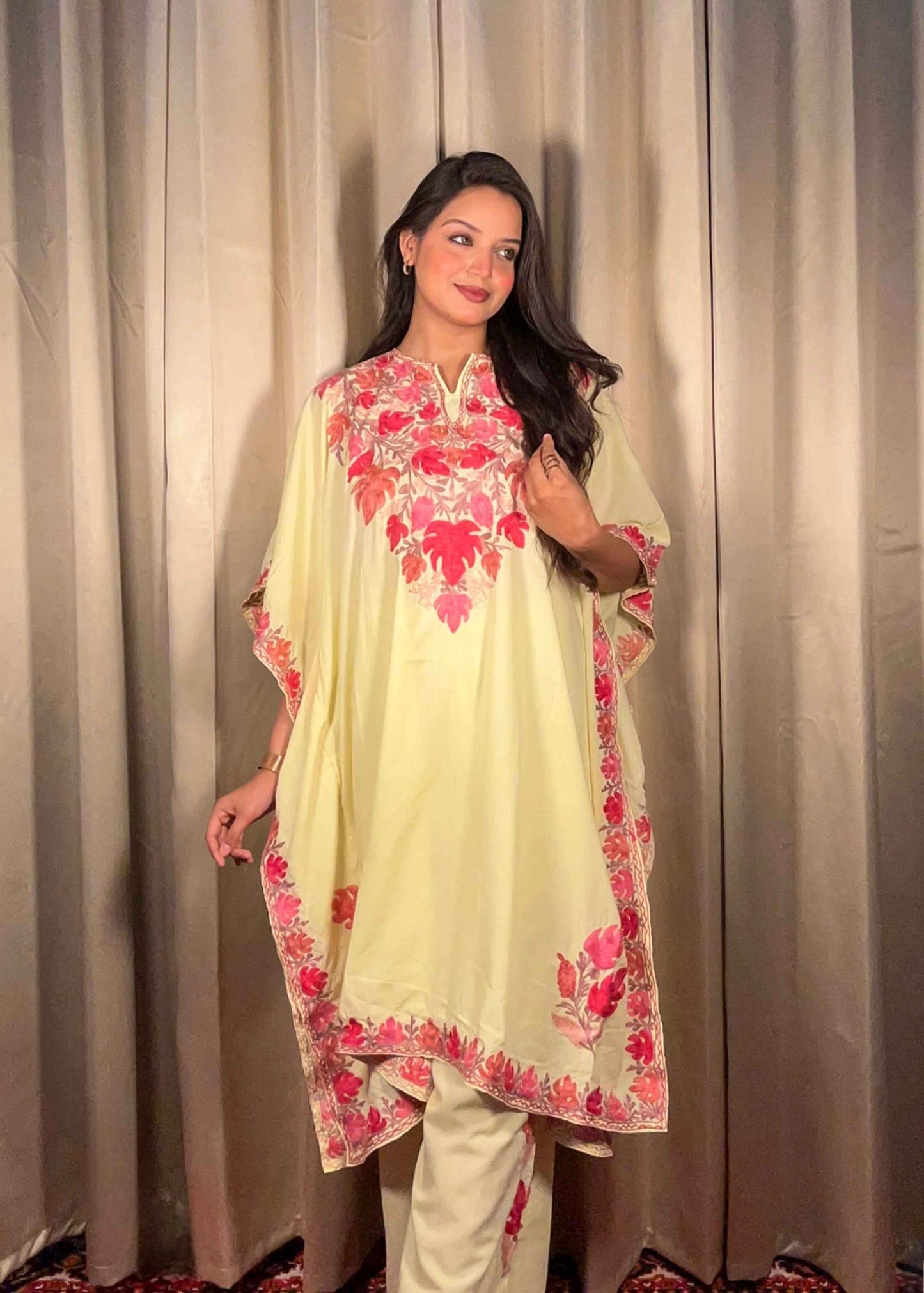 Kashmiri Chinar Kaftan Set - Butter Yellow