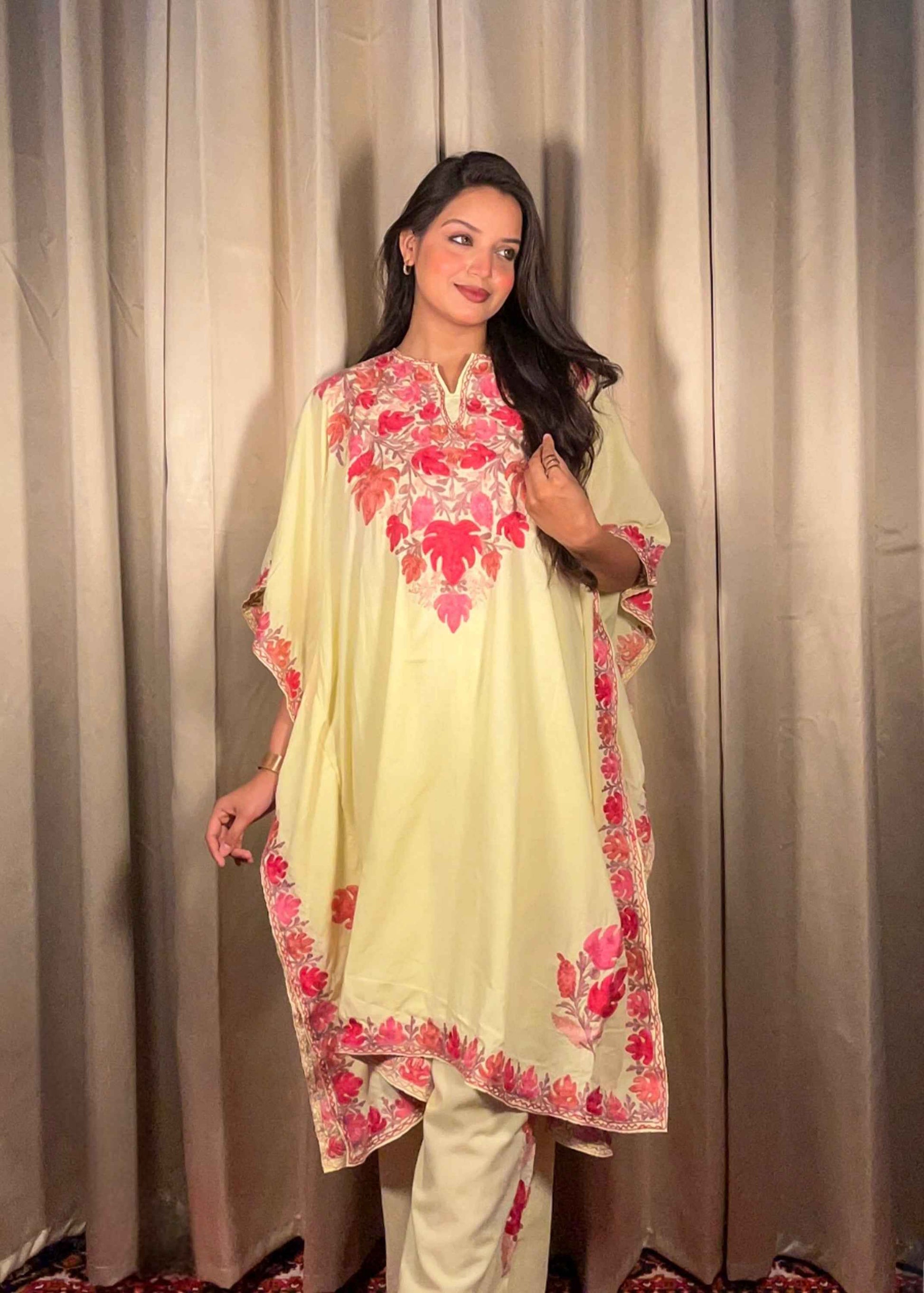 Kashmiri Chinar Kaftan Set - Butter Yellow