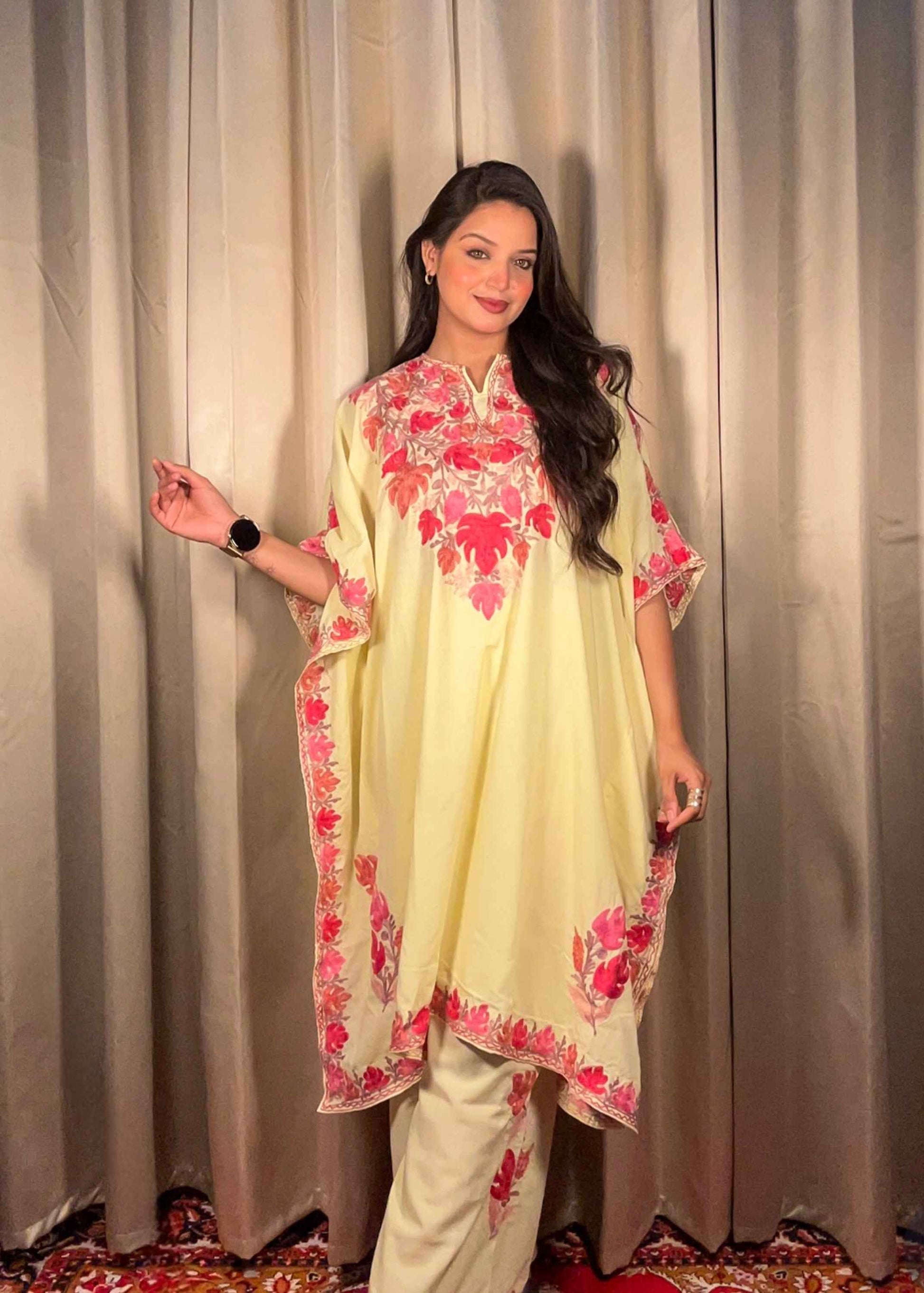 Kashmiri Chinar Kaftan Set - Butter Yellow