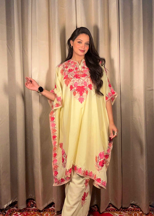 Kashmiri Chinar Kaftan Set - Butter Yellow