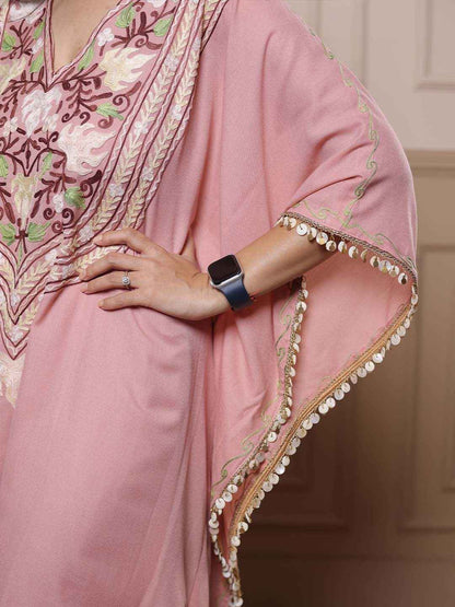 Kashmiri Chinar Kaftan Set - Pastel Pink
