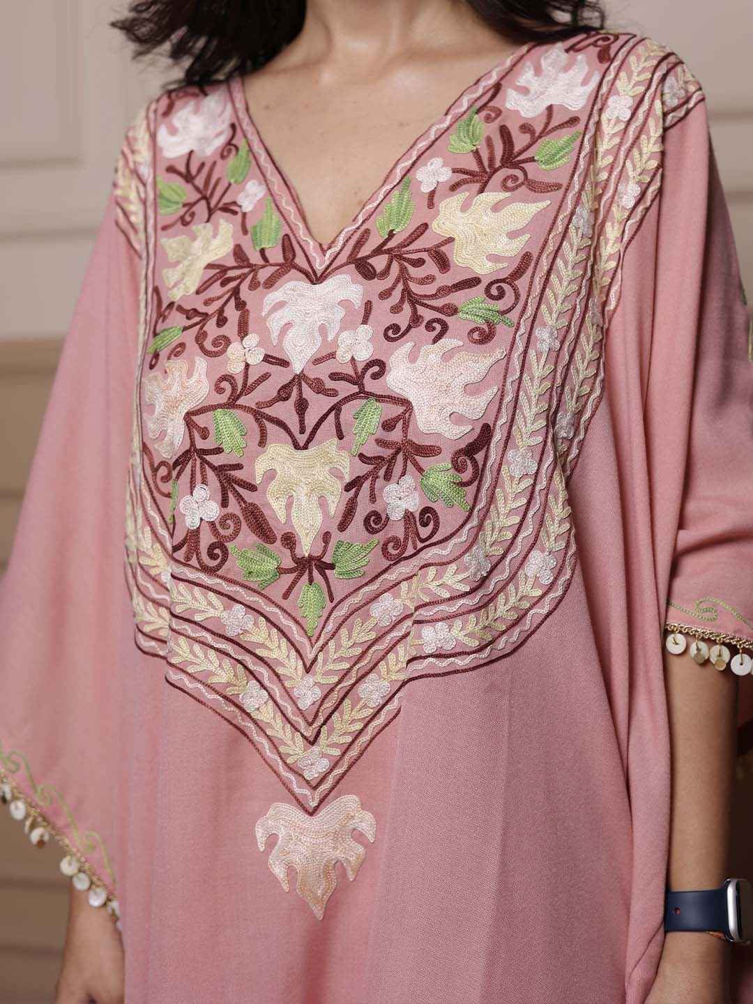 Kashmiri Chinar Kaftan Set - Pastel Pink