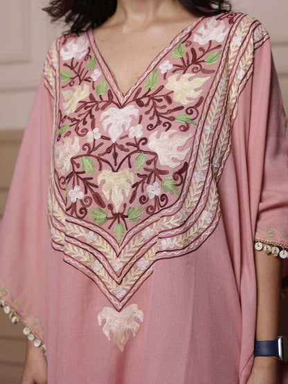 Kashmiri Chinar Kaftan Set - Pastel Pink