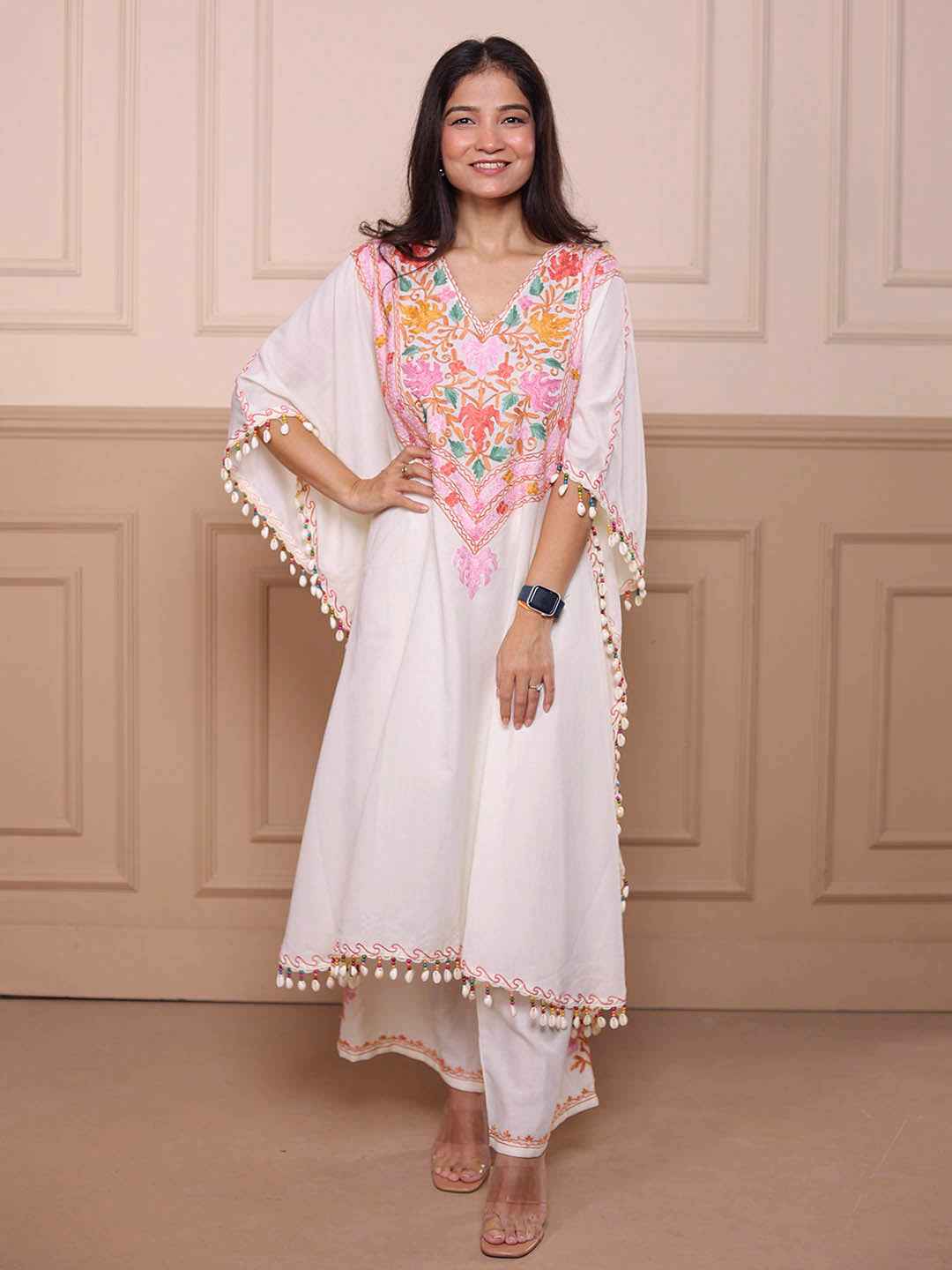 Kashmiri Chinar Kaftan Set - White