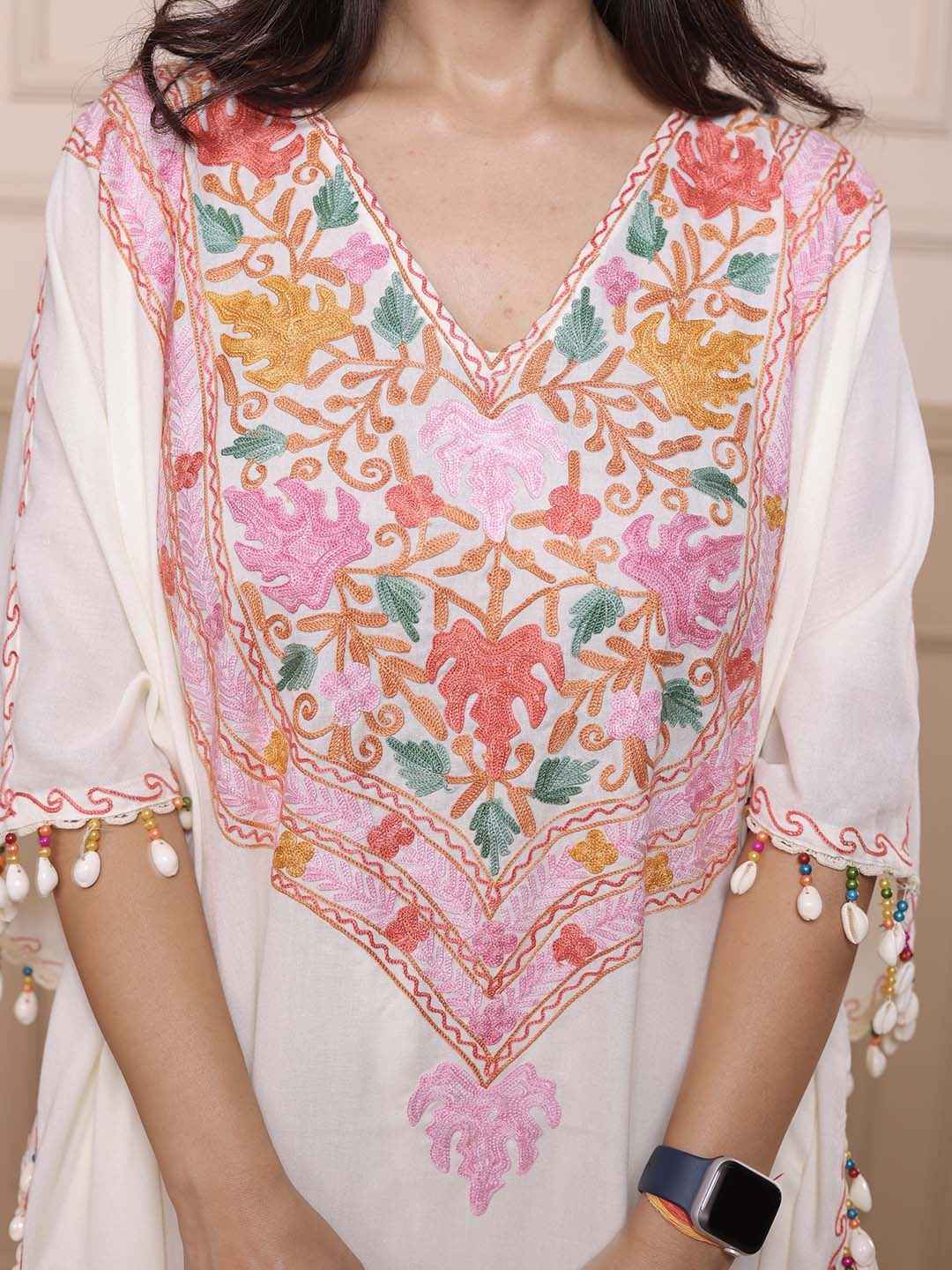 Kashmiri Chinar Kaftan Set - White