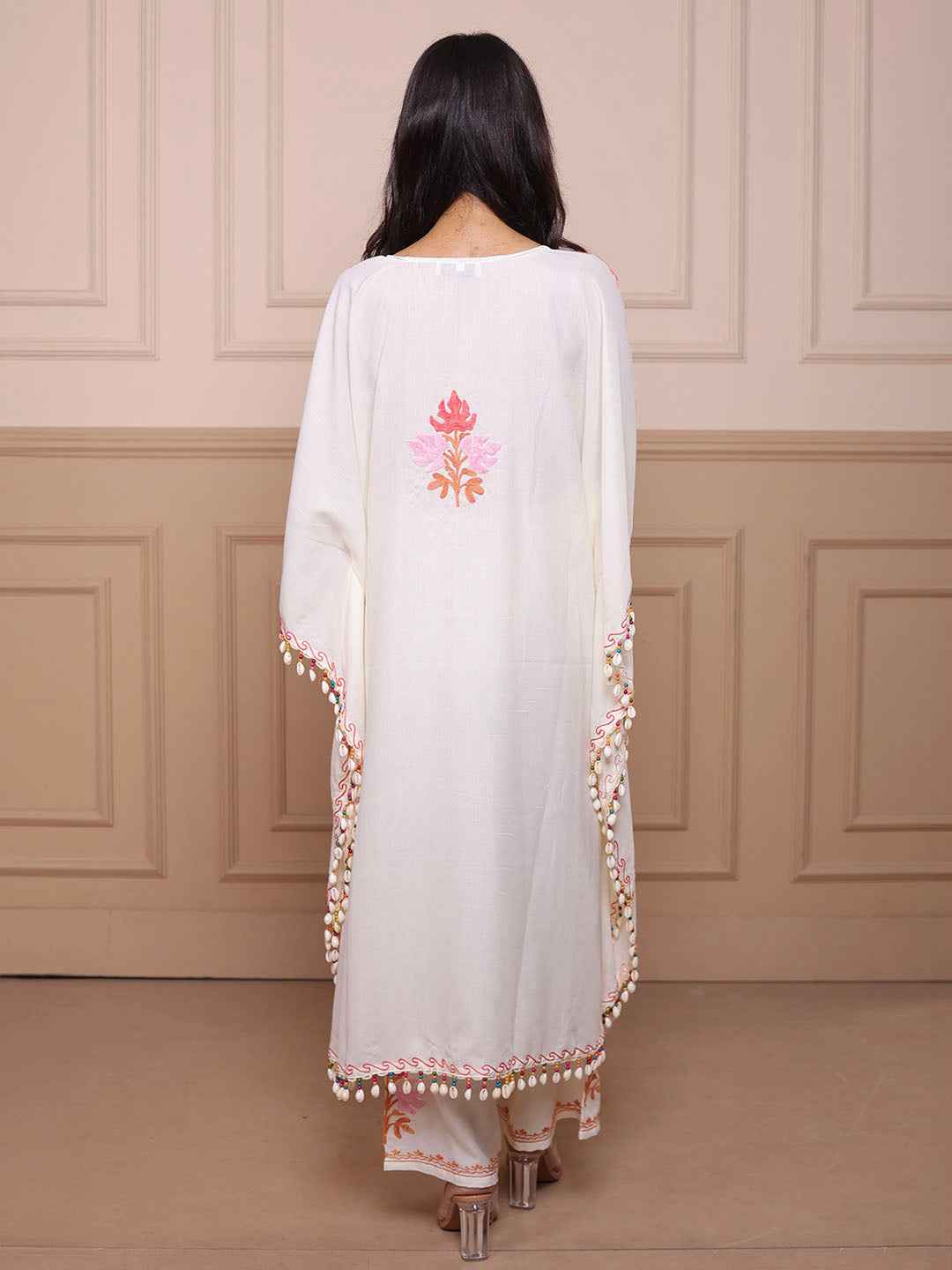 Kashmiri Chinar Kaftan Set - White
