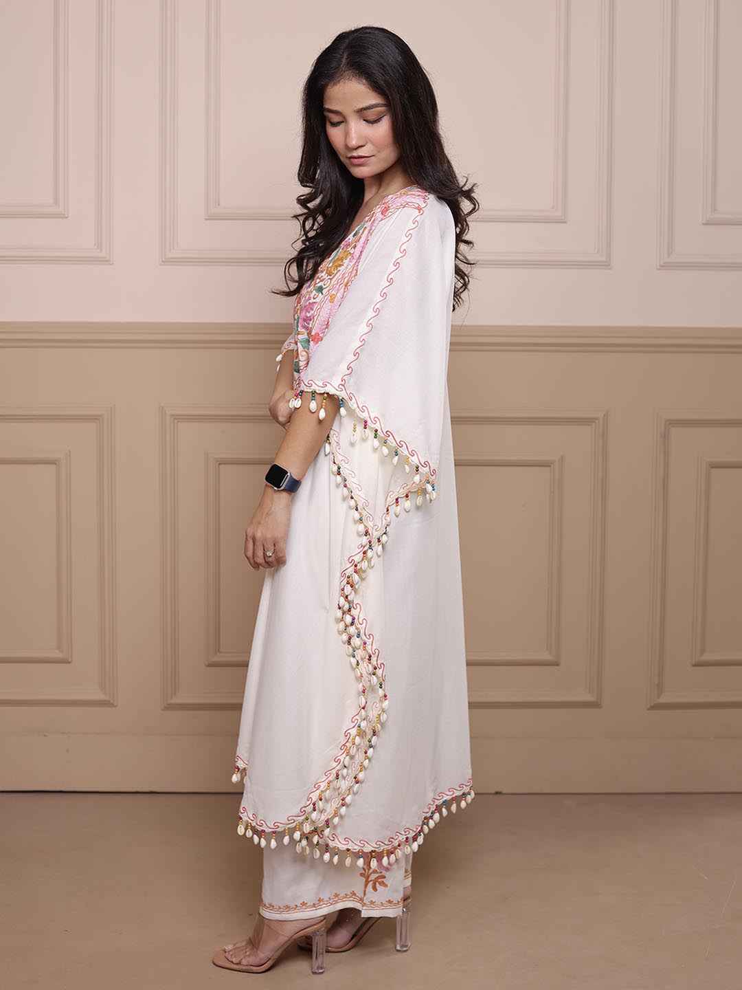 Kashmiri Chinar Kaftan Set - White
